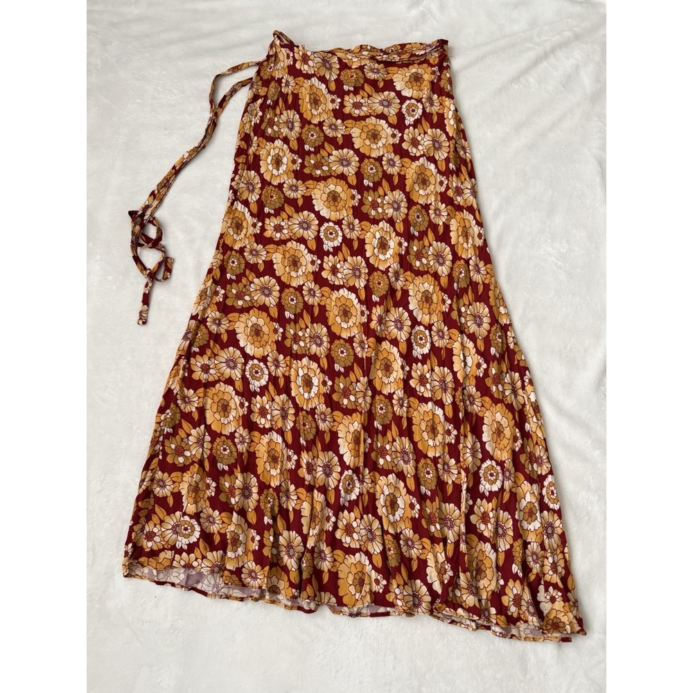 Free People Floral Skirt Asymmetrical Midi Boho Red Yellow Women's Medium